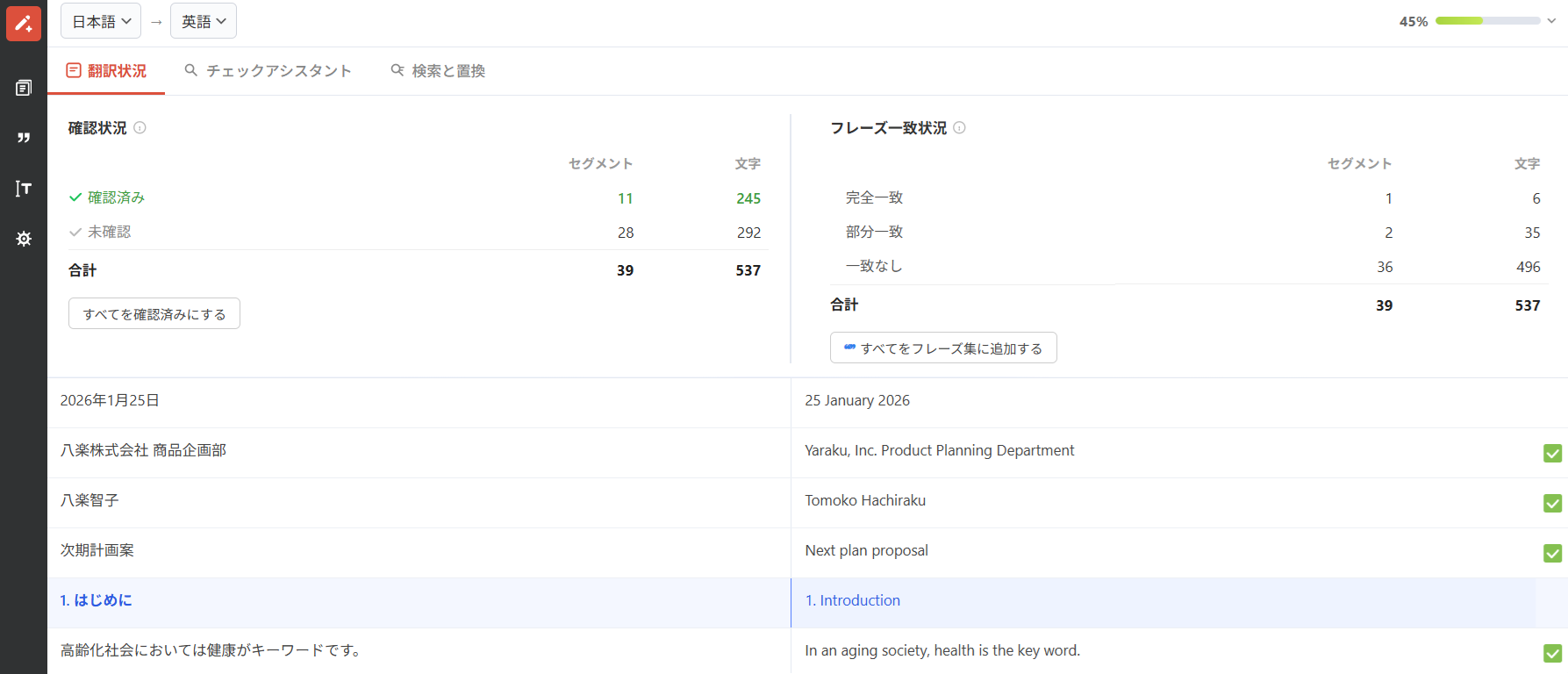 ヤラク翻訳のチーム共有画面:翻訳状況を一覧表示しチームでムラなくチェック・修正